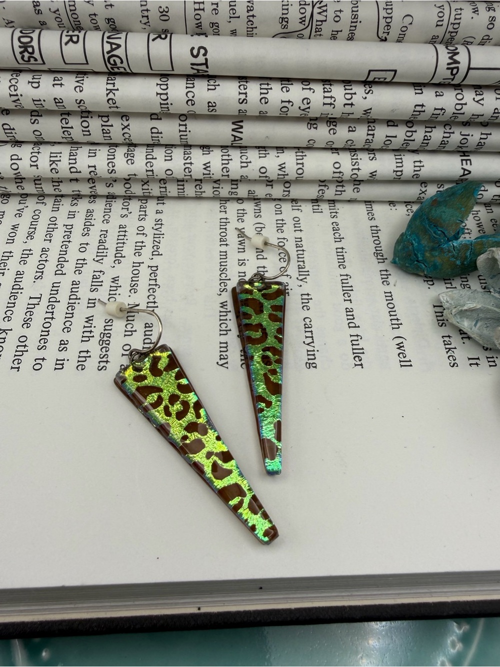 Green Leopard Print Triangle Dichroic Glass Dangle Drop Earrings